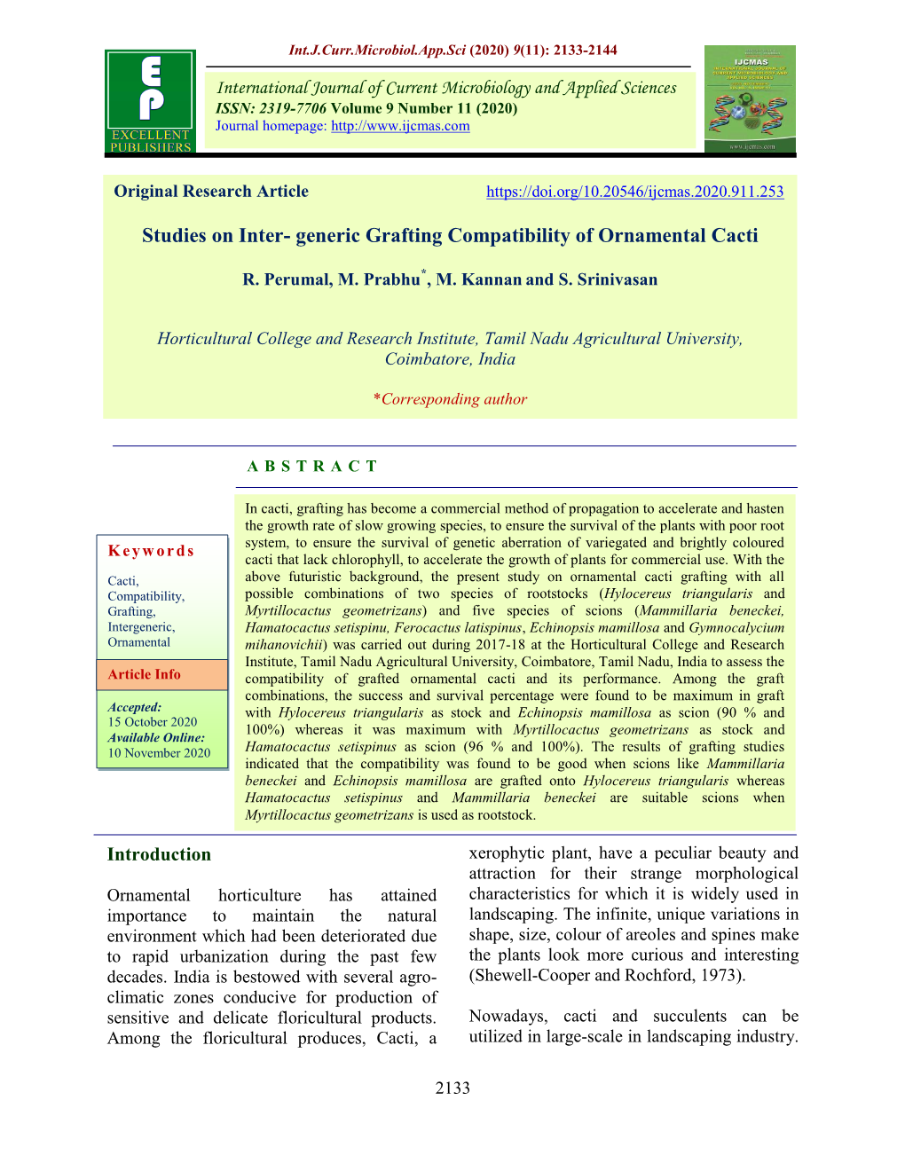 Studies on Inter- Generic Grafting Compatibility of Ornamental Cacti