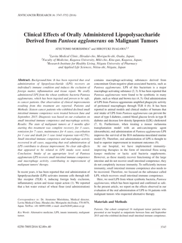 Clinical Effects of Orally Administered Lipopolysaccharide Derived from Pantoea Agglomerans on Malignant Tumors