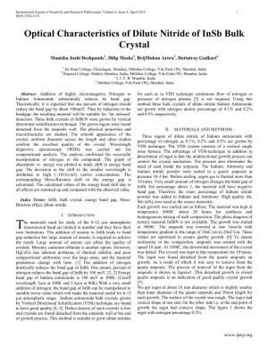 Optical Characteristics of Dilute Nitride of Insb Bulk Crystal