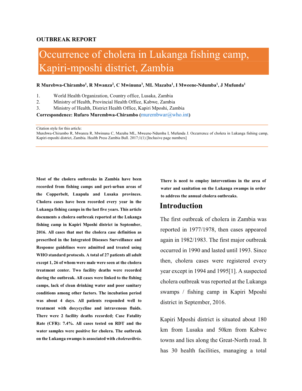 Occurrence of Cholera in Lukanga Fishing Camp, Kapiri-Mposhi District, Zambia