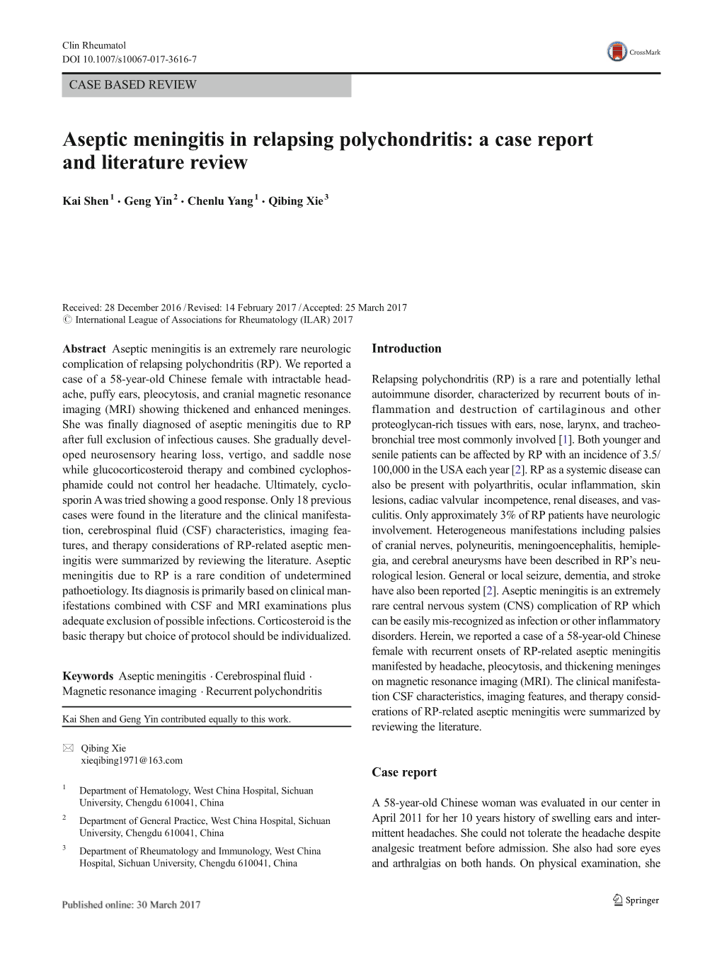 Aseptic Meningitis in Relapsing Polychondritis: a Case Report and Literature Review