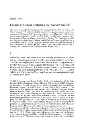 Schiller's Egmont and the Beginnings of Weimar Classicism*