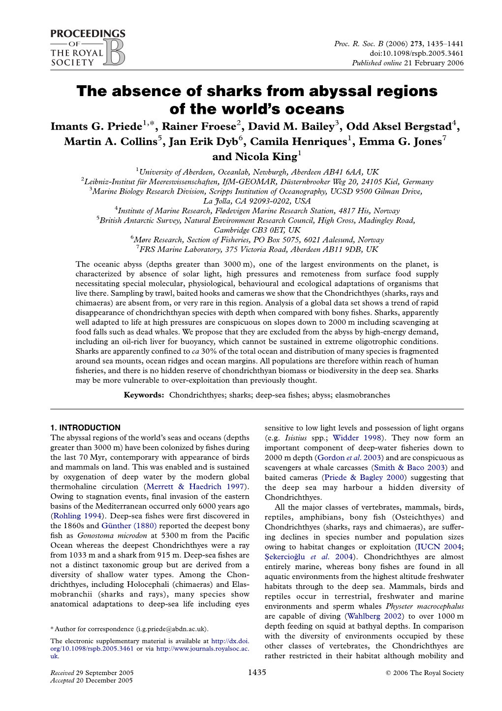 The Absence of Sharks from Abyssal Regions of the World's Oceans