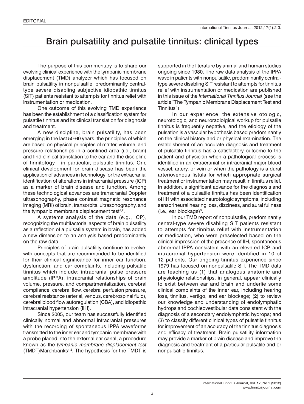 Brain Pulsatility and Pulsatile Tinnitus: Clinical Types