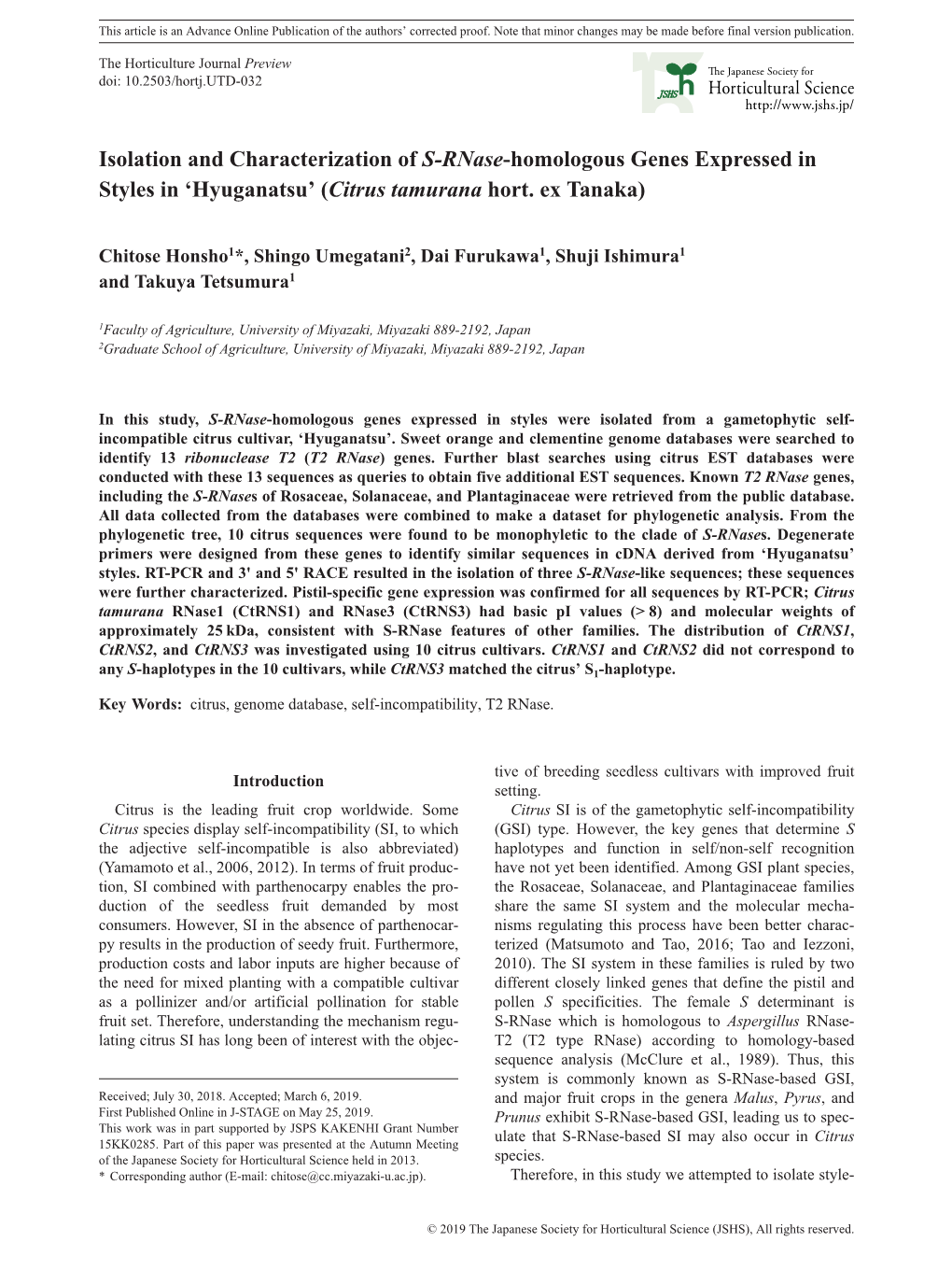 Isolation and Characterization of S-Rnase-Homologous Genes Expressed in Styles in ‘Hyuganatsu’ (Citrus Tamurana Hort