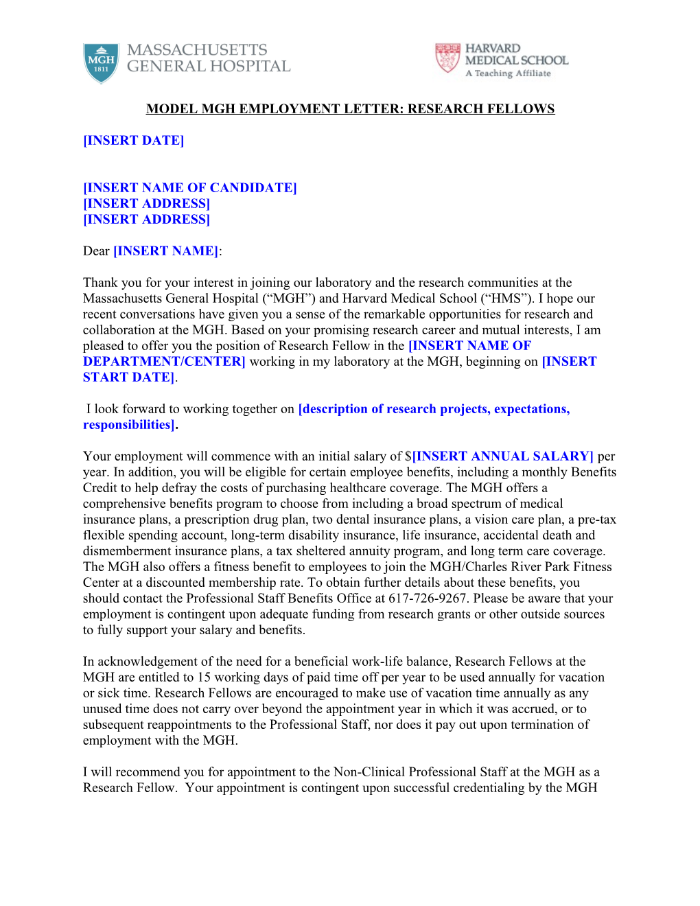 Model Mgh Employment Letter: Research Fellows