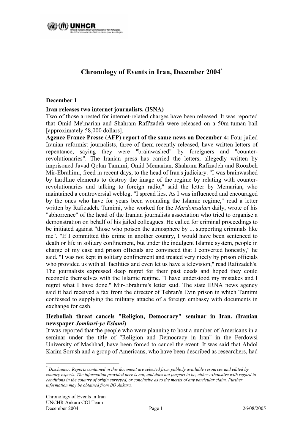 Chronology of Events in Iran, December 2004*