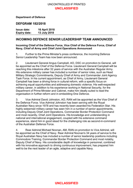 Defgram 182/2018 Incoming Defence Senior Leadership Team Announced