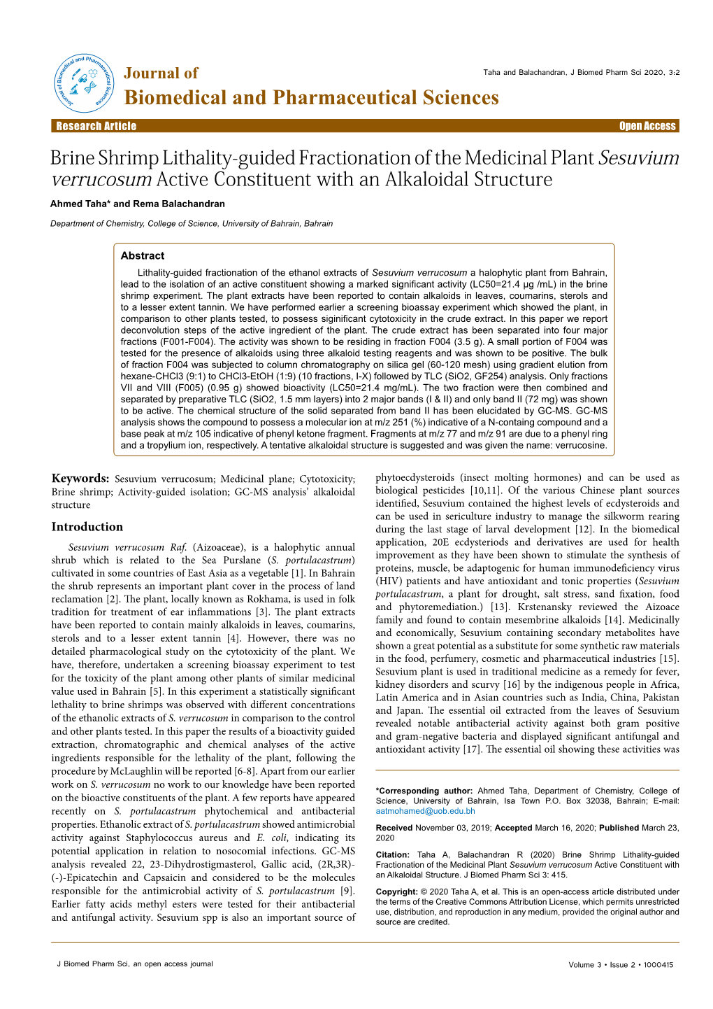 Brine Shrimp Lithality-Guided Fractionation of the Medicinal Plant Sesuvium Verrucosum Active Constituent with an Alkaloidal Structure