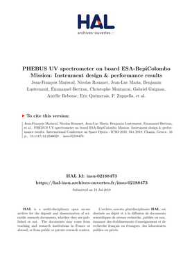 PHEBUS UV Spectrometer on Board ESA-Bepicolombo