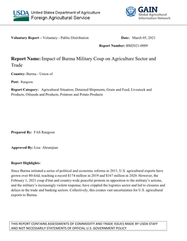 Report Name:Impact of Burma Military Coup on Agriculture Sector and Trade