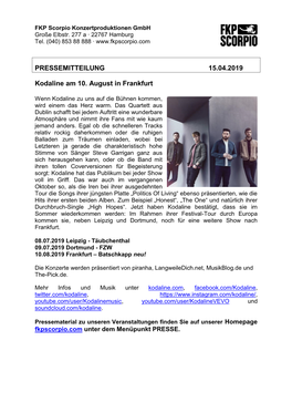 PRESSEMITTEILUNG 15.04.2019 Kodaline Am 10. August in Frankfurt