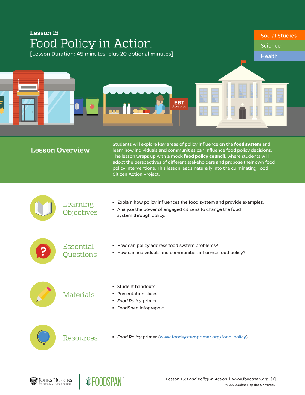 Food Policy in Action Science [Lesson Duration: 45 Minutes, Plus 20 Optional Minutes] Health