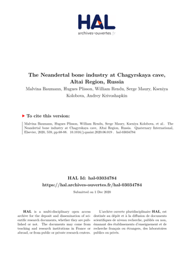 The Neandertal Bone Industry at Chagyrskaya Cave, Altai Region