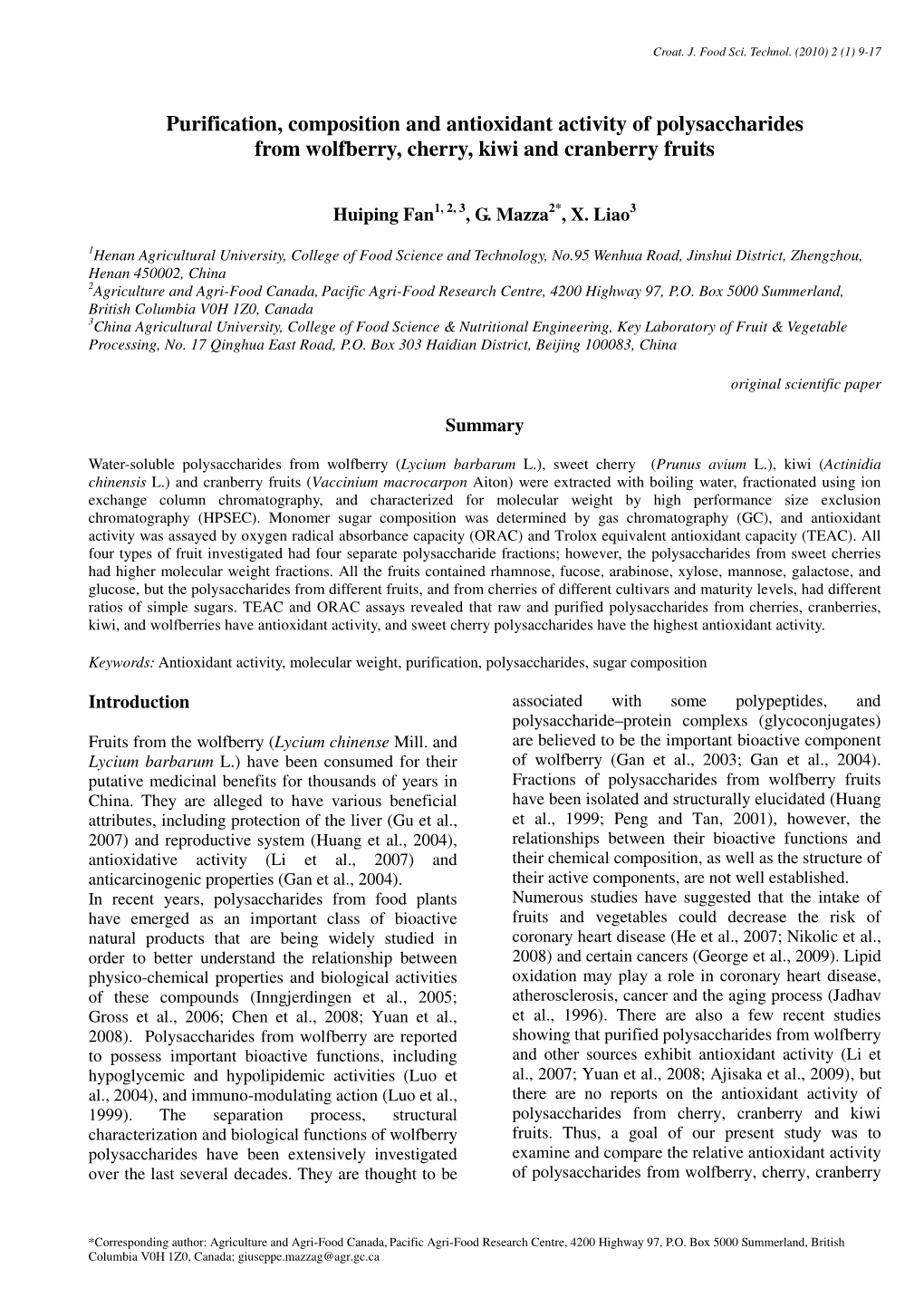 Purification, Composition and Antioxidant Activity of Polysaccharides from Wolfberry, Cherry, Kiwi and Cranberry Fruits