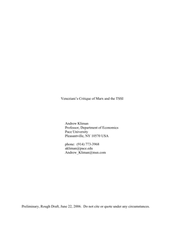 Veneziani's Critique of Marx and the TSSI Andrew Kliman