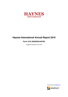 Haynes International Annual Report 2019