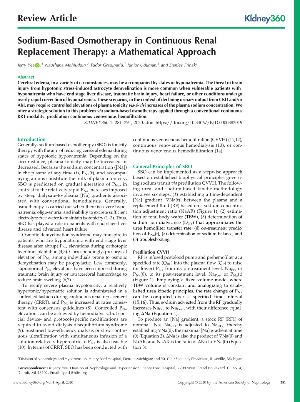 Sodium-Based Osmotherapy in Continuous Renal Replacement Therapy: a Mathematical Approach