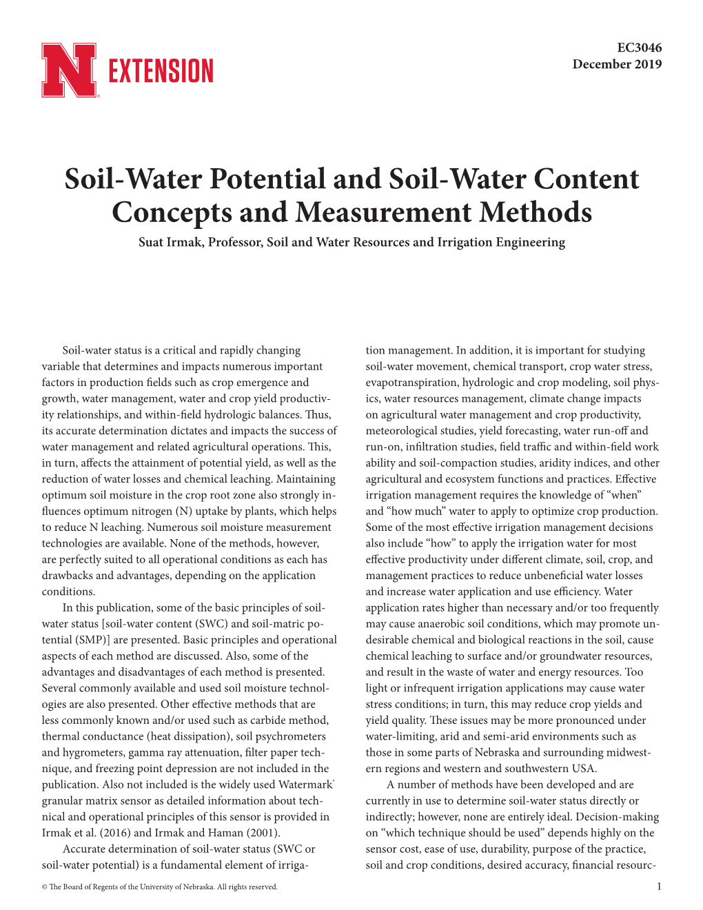 Water Content Concepts and Measurement Methods Suat Irmak, Professor, Soil and Water Resources and Irrigation Engineering