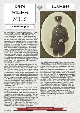 John William Mills, Known As ‘Jack’, Was the Only Child of John Thomas Mills and Lavinia Louisa Crop- Per