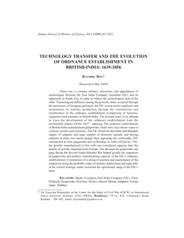 Technology Transfer and the Evolution of Ordnance Establishment in British-India: 1639-1856