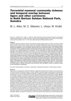 Terrestrial Mammal Community Richness and Temporal Overlap Between Tigers and Other Carnivores in Bukit Barisan Selatan National Park, Sumatra