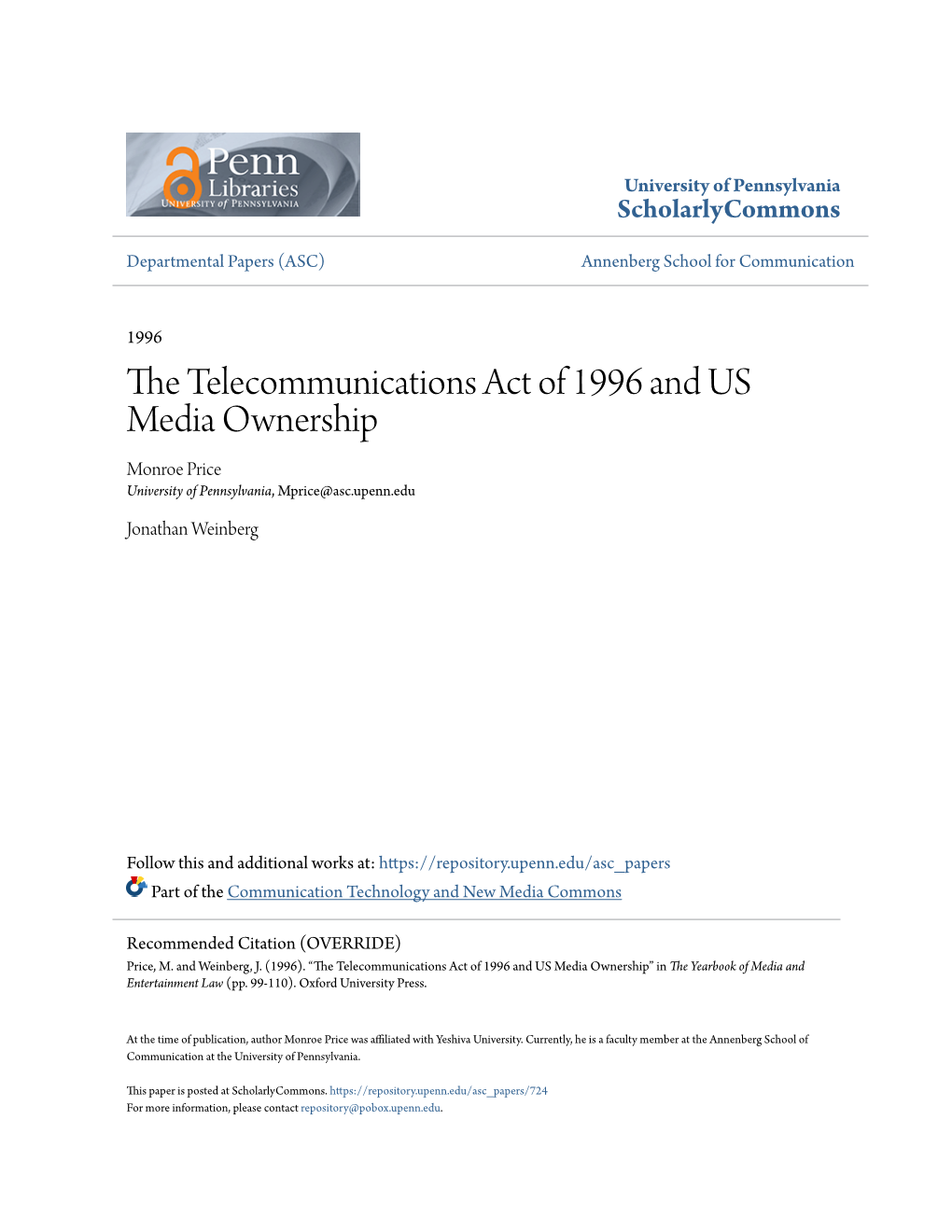 The Telecommunications Act of 1996 and US Media Ownership