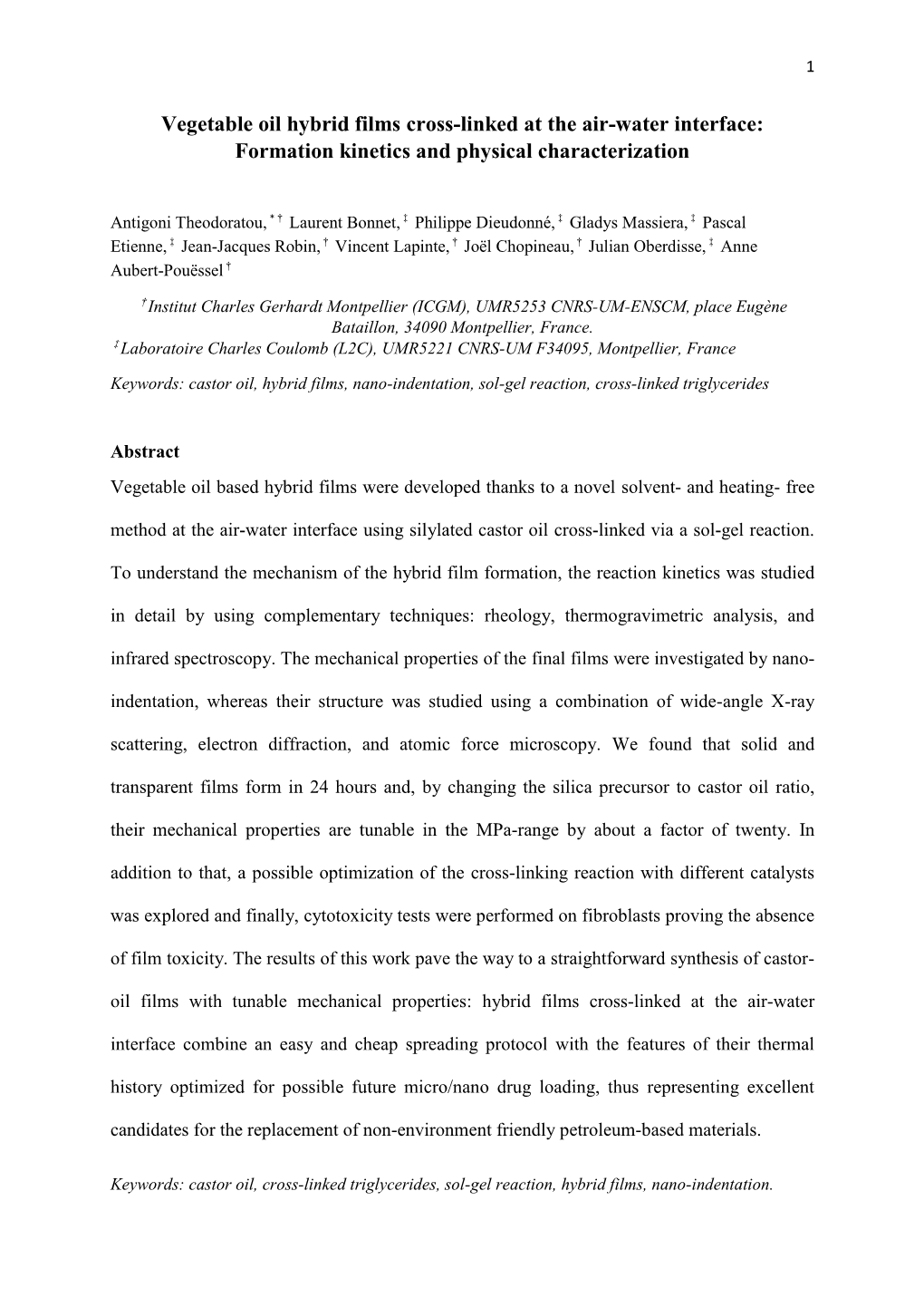 Vegetable Oil Hybrid Films Cross-Linked at the Air-Water Interface: Formation Kinetics and Physical Characterization