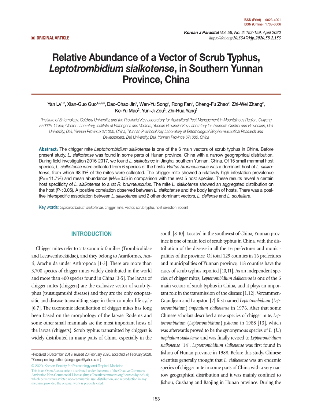 Relative Abundance of a Vector of Scrub Typhus, Leptotrombidium Sialkotense, in Southern Yunnan Province, China