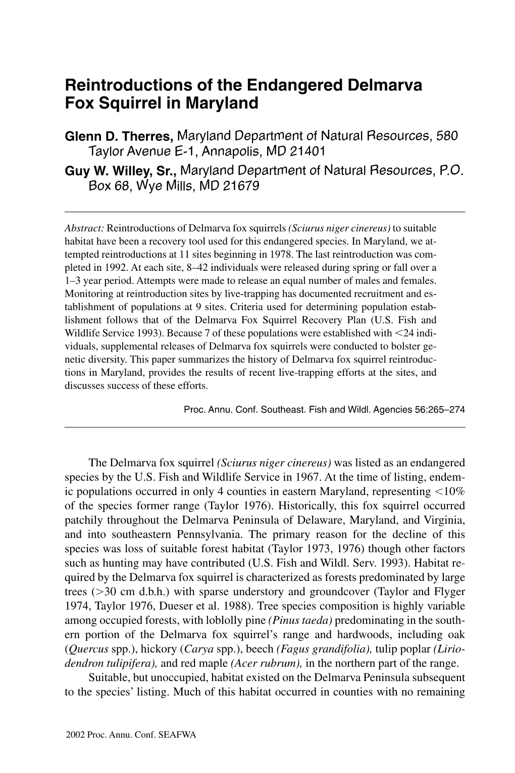 Reintroductions of the Endangered Delmarva Fox Squirrel in Maryland