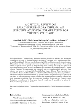 A Critical Review on Balachaturbhadra Churna: an Effective Ayurveda Formulation for the Pediatric Age