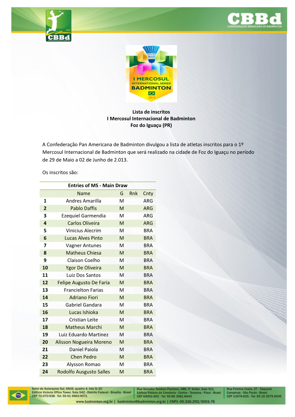 Lista De Inscritos I Mercosul Internacional De Badminton Foz Do Iguaçu (PR)