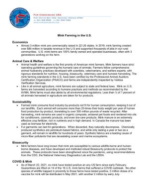 Mink Farming in the U.S. Economics Animal Care & Welfare Sustainability Biosecurity COVID & Mink