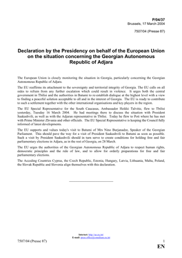 Declaration by the Presidency on Behalf of the European Union on the Situation Concerning the Georgian Autonomous Republic of Adjara