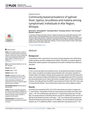 Community-Based Prevalence of Typhoid Fever, Typhus, Brucellosis and Malaria Among Symptomatic Individuals in Afar Region, Ethiopia