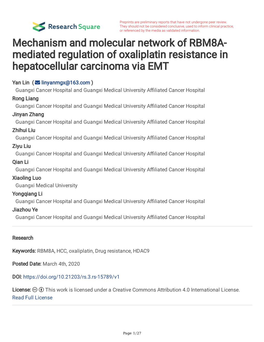 Mechanism and Molecular Network of RBM8A- Mediated Regulation of Oxaliplatin Resistance in Hepatocellular Carcinoma Via EMT