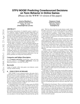 Predicting Crowdsourced Decisions on Toxic Behavior in Online Games [Please Cite the WWW’14 Version of This Paper]