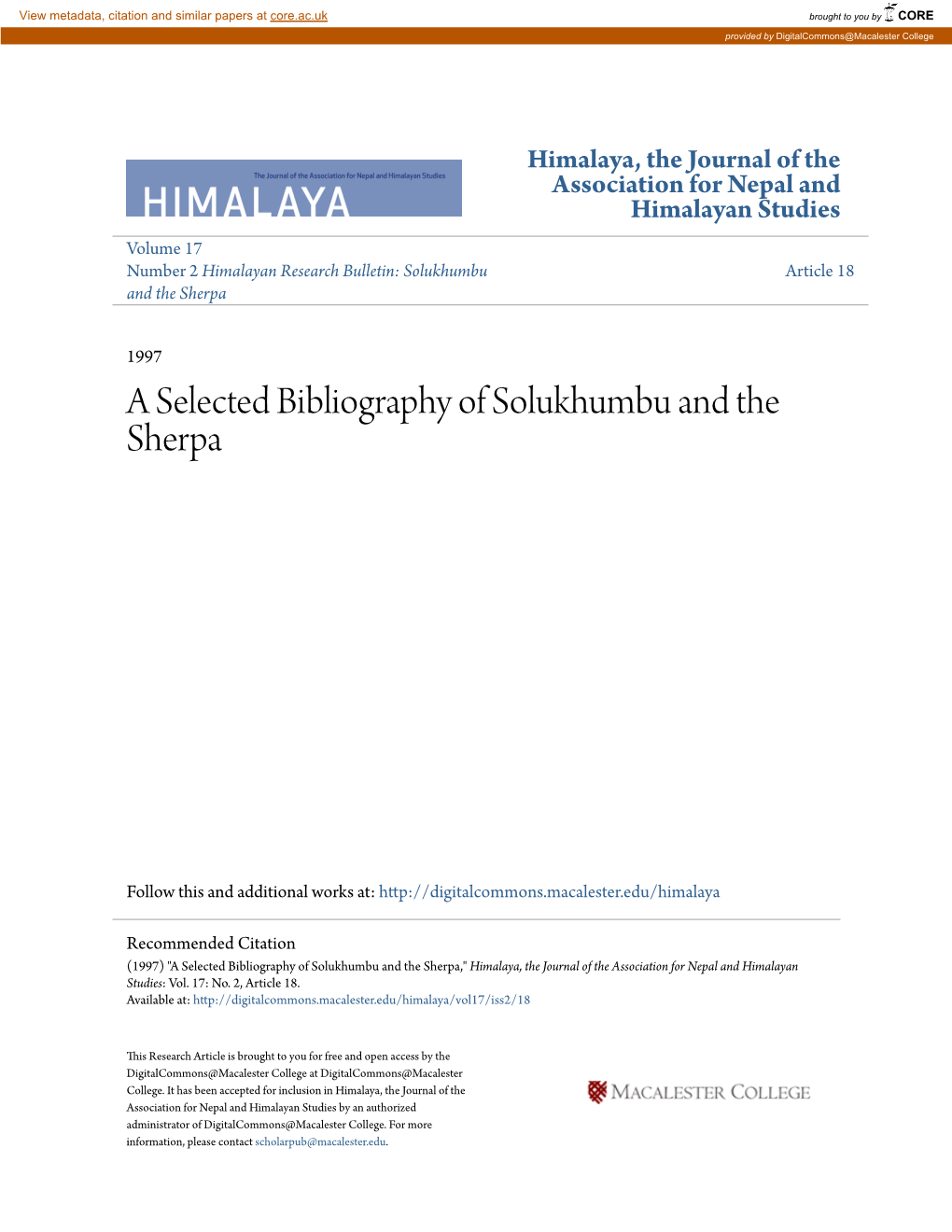 A Selected Bibliography of Solukhumbu and the Sherpa