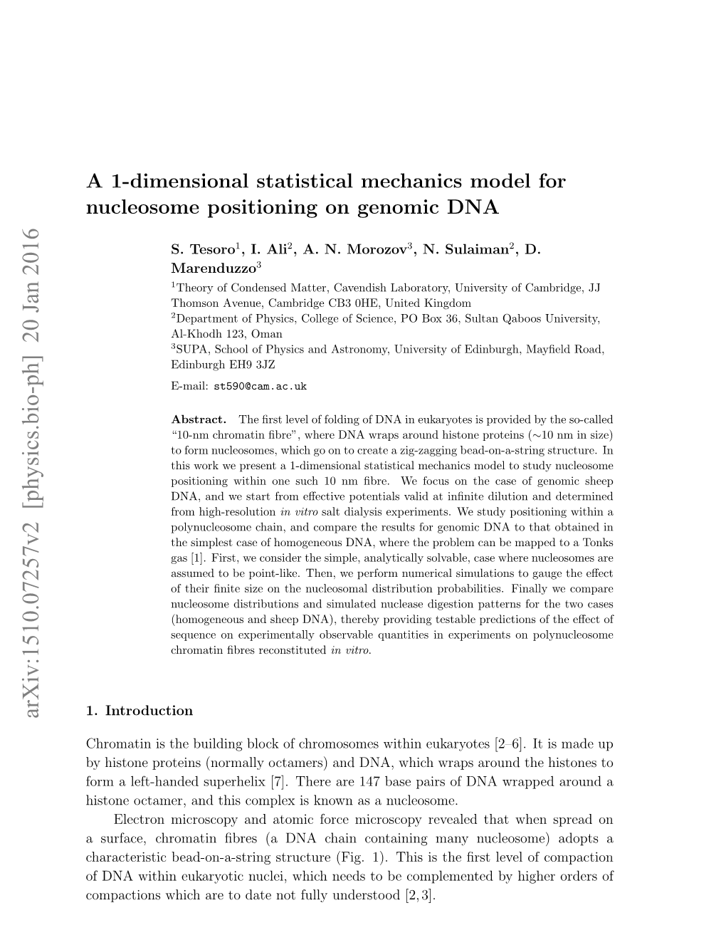 A 1-Dimensional Statistical Mechanics Model for Nucleosome Positioning on Genomic DNA