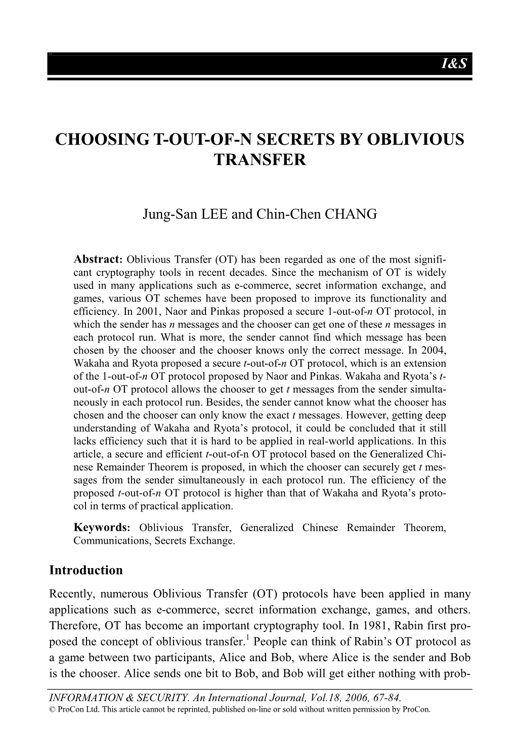 Choosing T-Out-Of-N Secrets by Oblivious Transfer