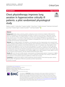 Chest Physiotherapy Improves Lung Aeration in Hypersecretive Critically Ill Patients: a Pilot Randomized Physiological Study