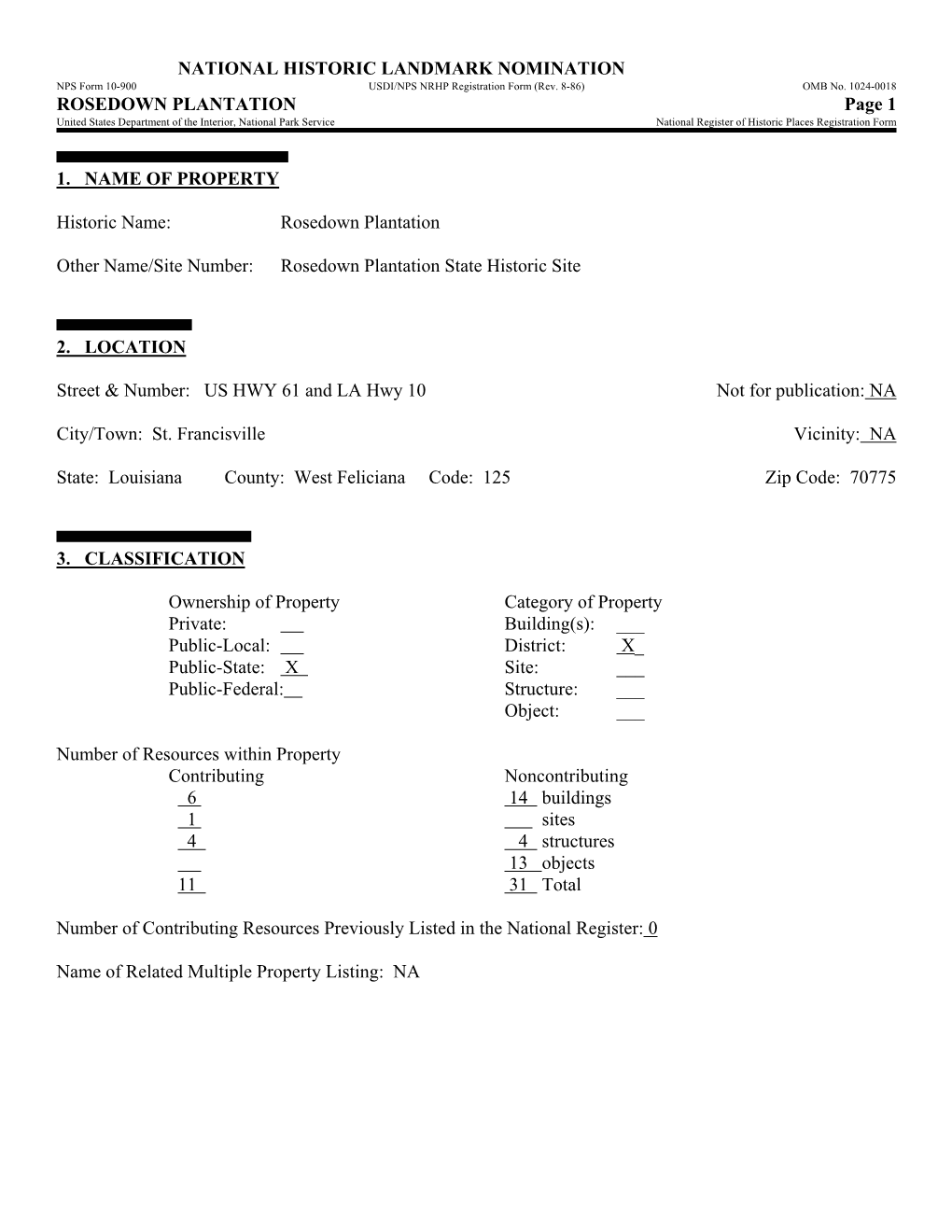 ROSEDOWN PLANTATION Page 1 United States Department of the Interior, National Park Service National Register of Historic Places Registration Form