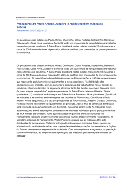 Pescadores De Paulo Afonso, Juazeiro E Região Recebem Máscaras Notícias Postado Em: 01/07/2020 11:07