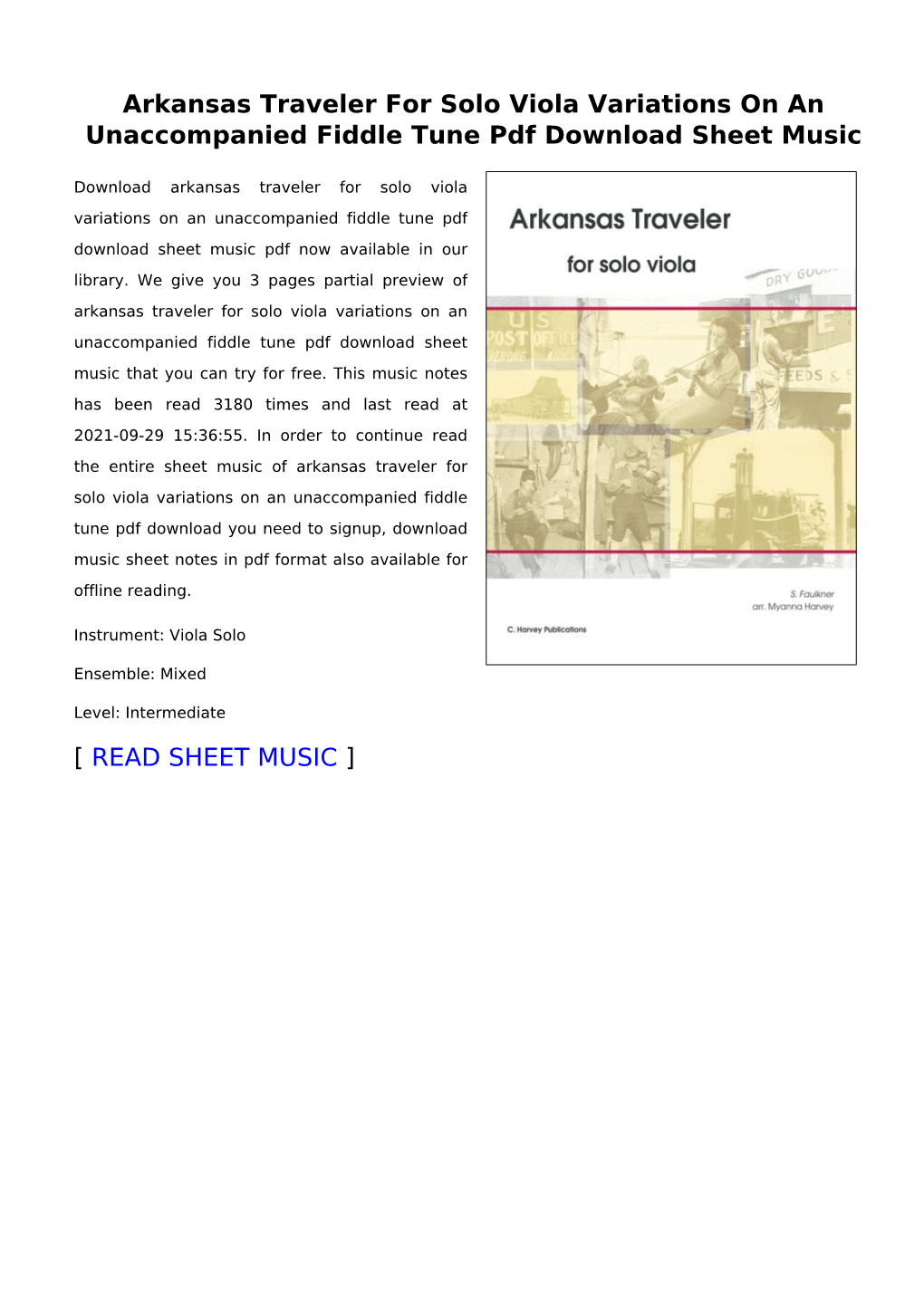 Arkansas Traveler for Solo Viola Variations on an Unaccompanied Fiddle Tune Pdf Download Sheet Music