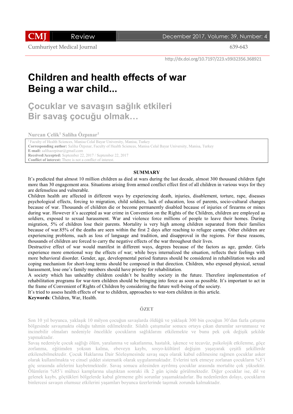 Children and Health Effects of War Being a War Child