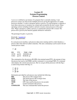 Lecture 22 Systems Programming Process Control