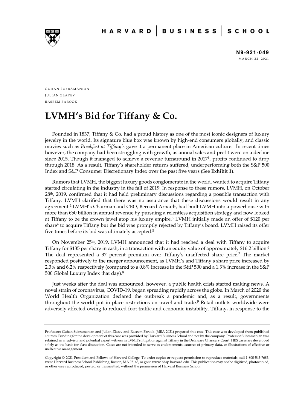 LVMH's Bid for Tiffany &