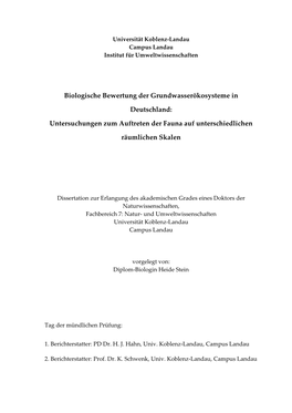 Biologische Bewertung Der Grundwasserökosysteme in Deutschland: Untersuchungen Zum Auftreten Der Fauna Auf Unterschiedlichen R