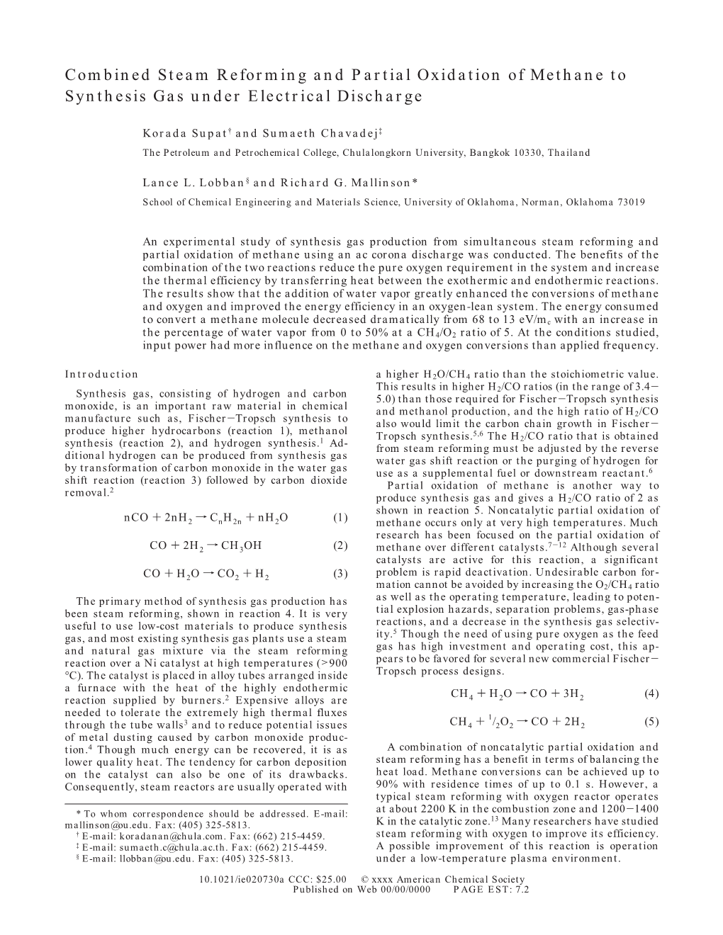 Combined Steam Reforming and Partial Oxidation of Methane to Synthesis Gas Under Electrical Discharge