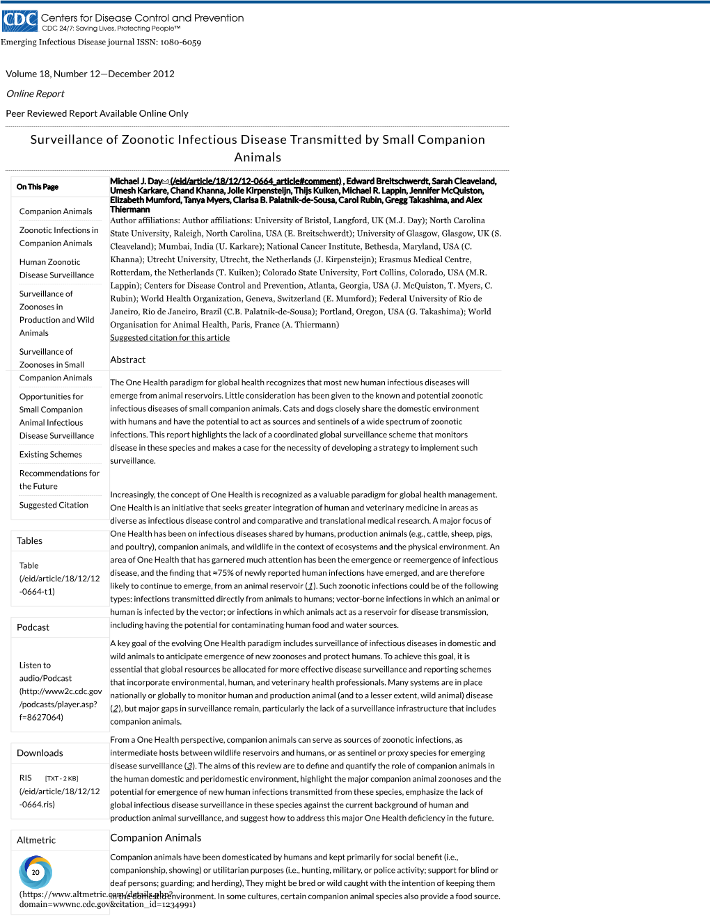 Surveillance of Zoonotic Infectious Disease Transmitted by Small Companion Animals